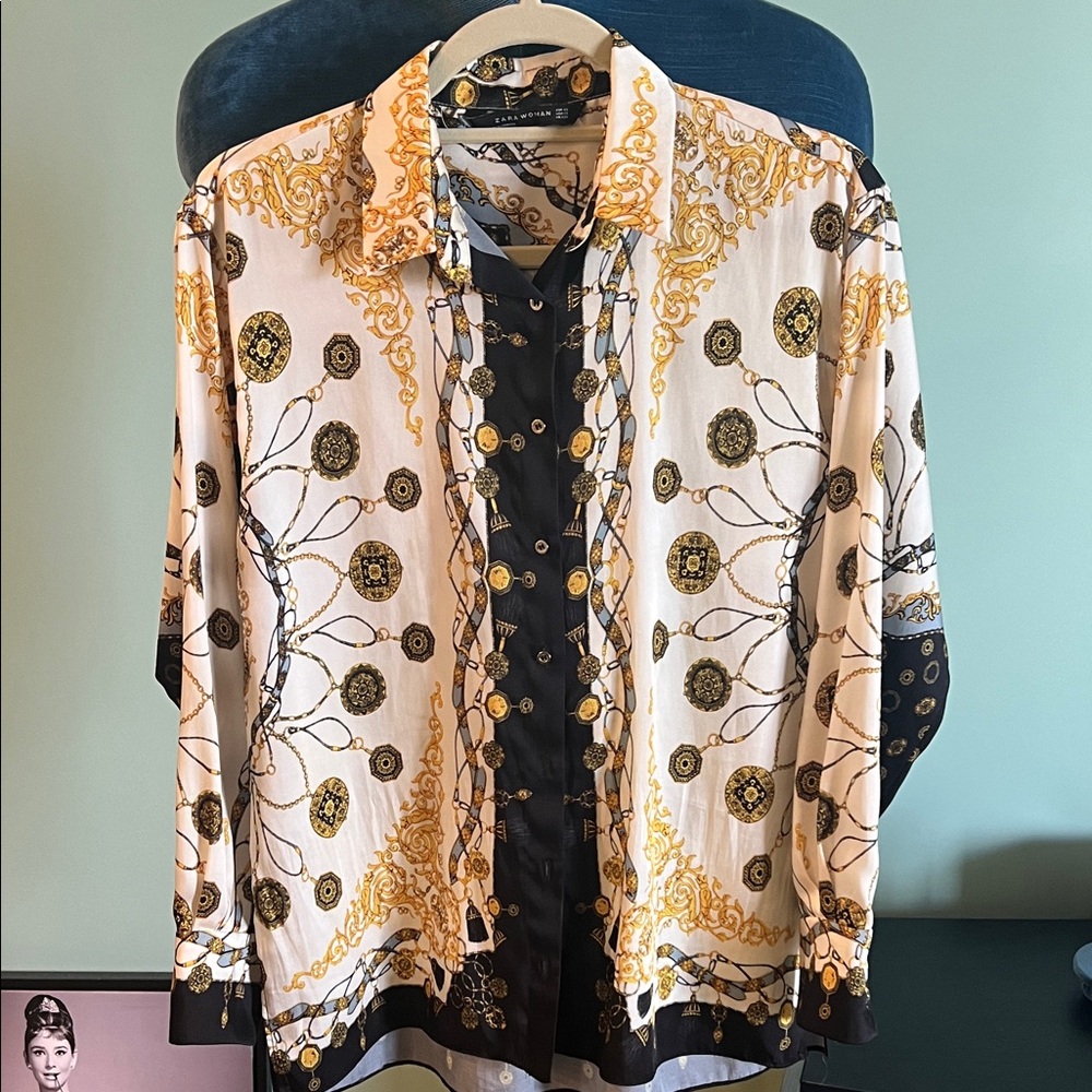 Zara Men's Black and Gold Patterned Shirt Jacket